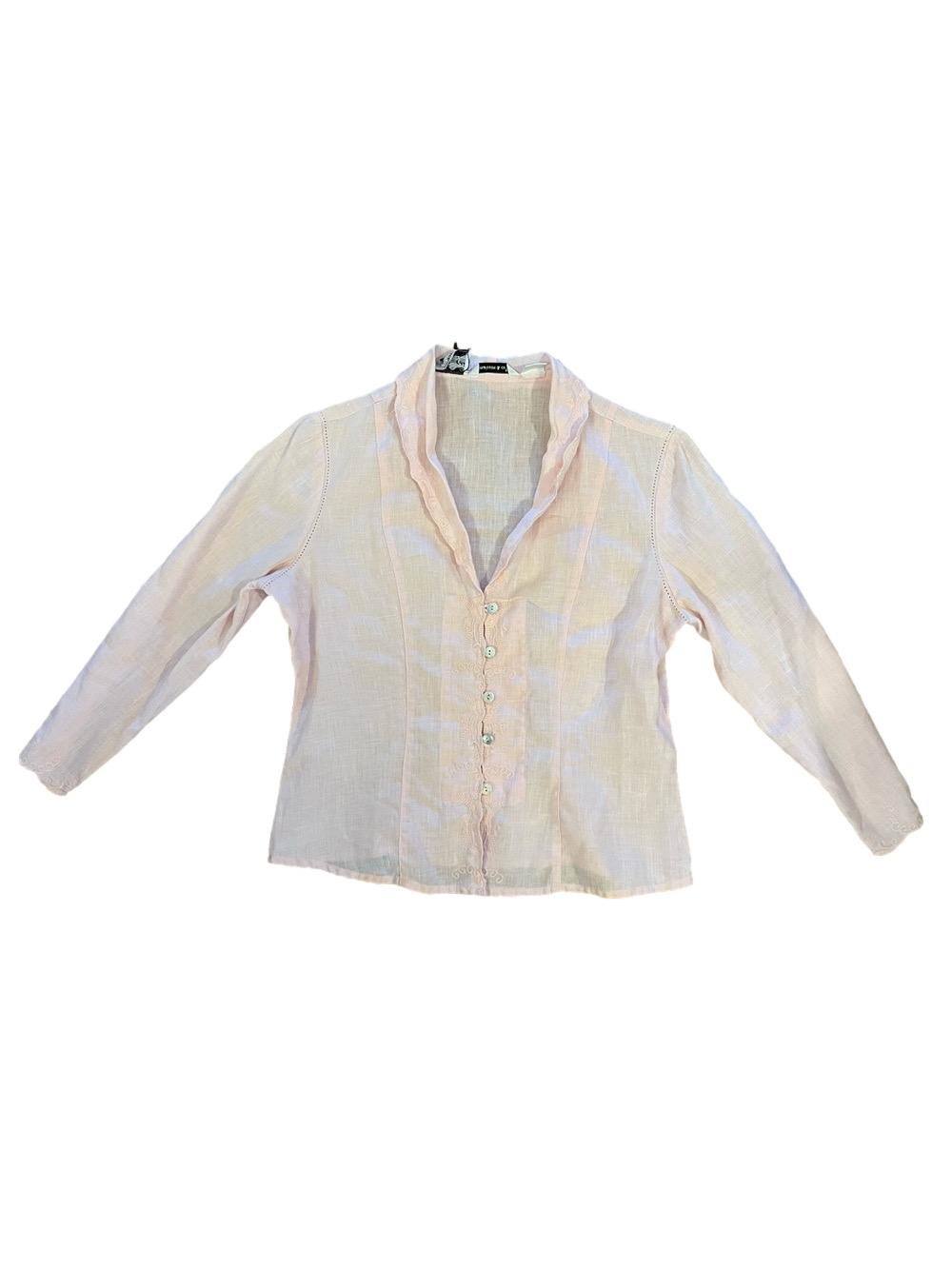 Malcolm & Co. Pink 100% Irish Linen Pleated Front Ruffle Blouse Small embroided